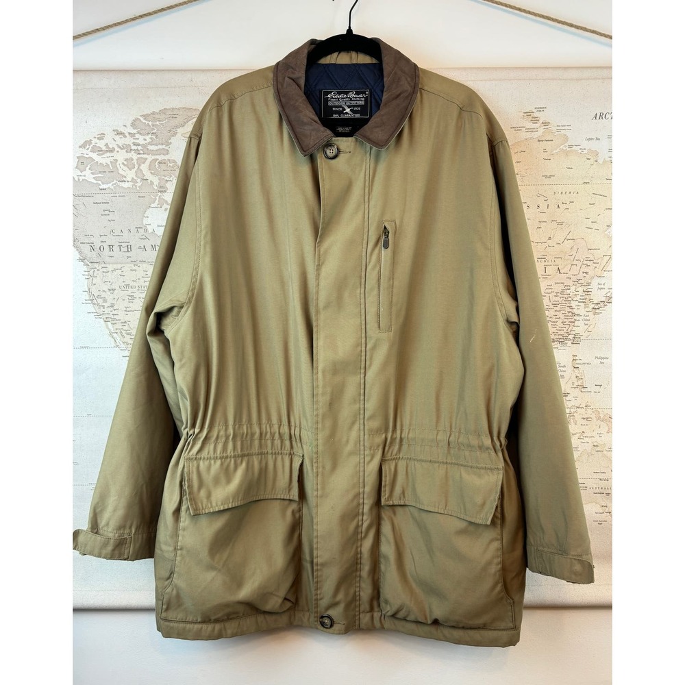 Men’s Eddie Bauer Khaki Tan Brown Zip Up Field Outdoor Jacket Coat Size Large